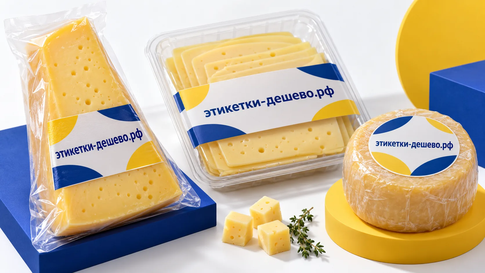 Этикетки для сыра: этикетки на вакуумном сырном клине, лотке с нарезкой и круглой головке сыра в плёнке