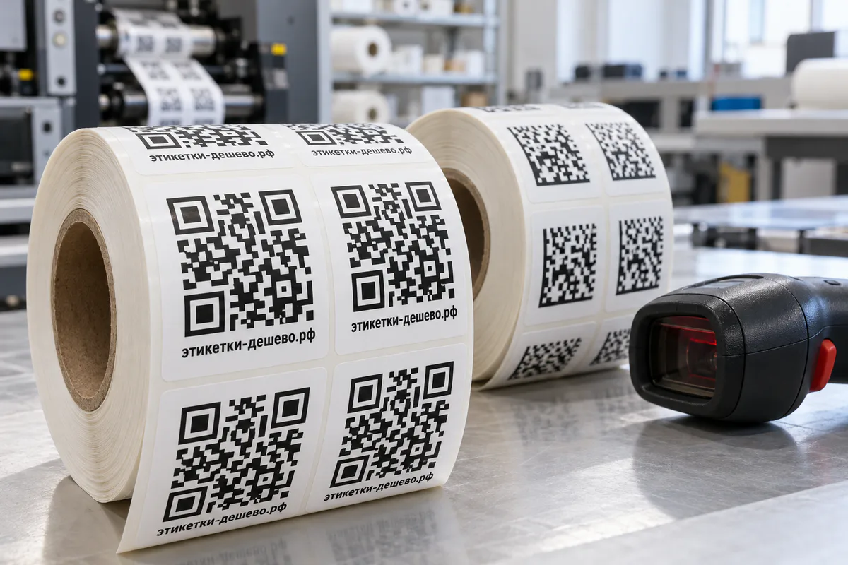 Этикетки с QR-кодом: рулоны этикеток с QR- и Data Matrix-кодами рядом с контрольным сканером
