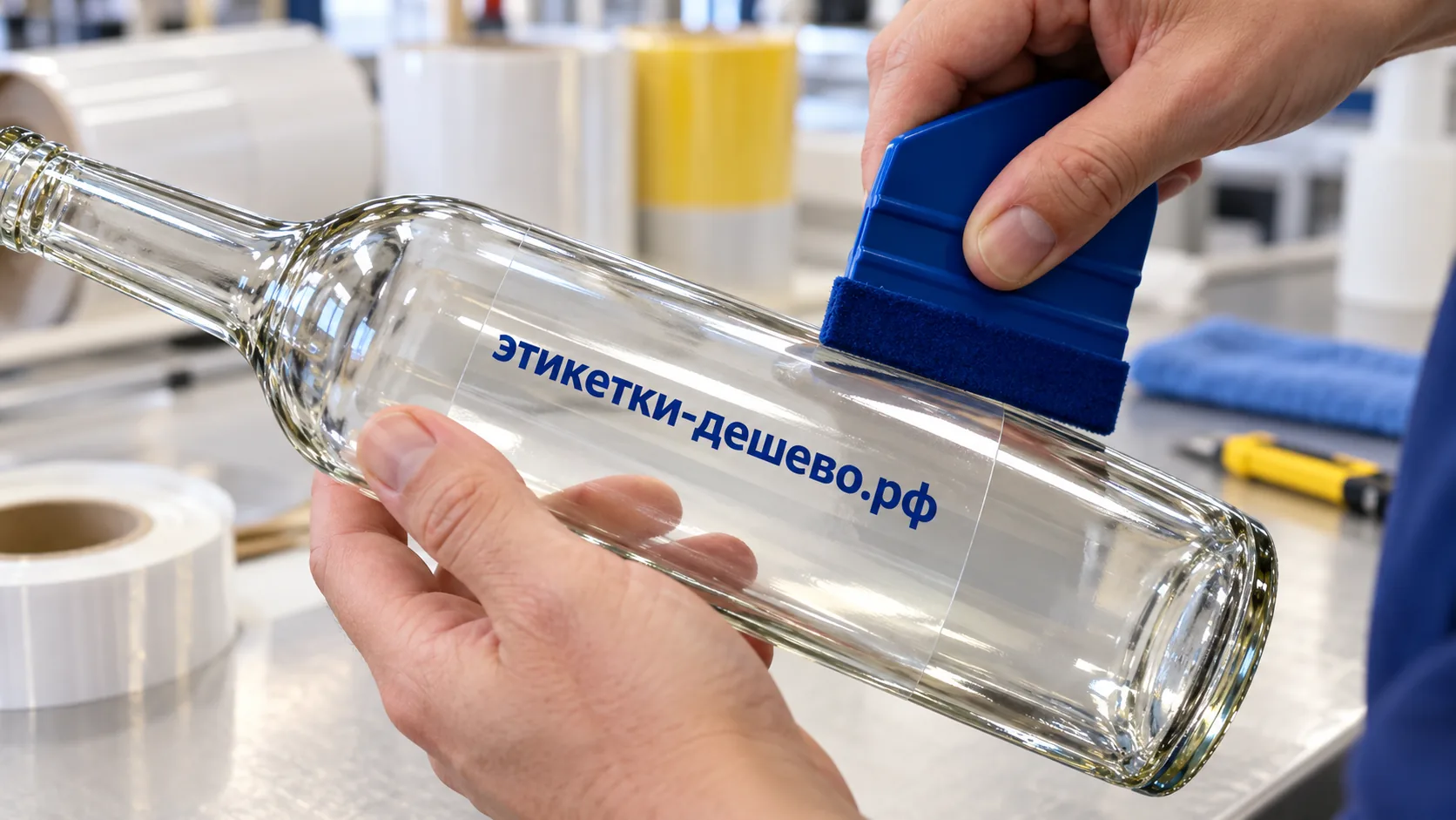 Прозрачные этикетки: прозрачную этикетку разглаживают синим ракелем по стеклянной бутылке без складок и пузырей