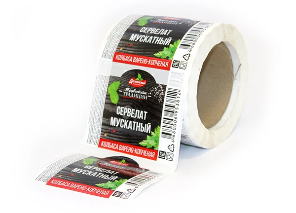 Этикетки для мясной продукции: рулон прямоугольных этикеток «Сервелат мускатный» с товарной графикой, составом и штрихкодом